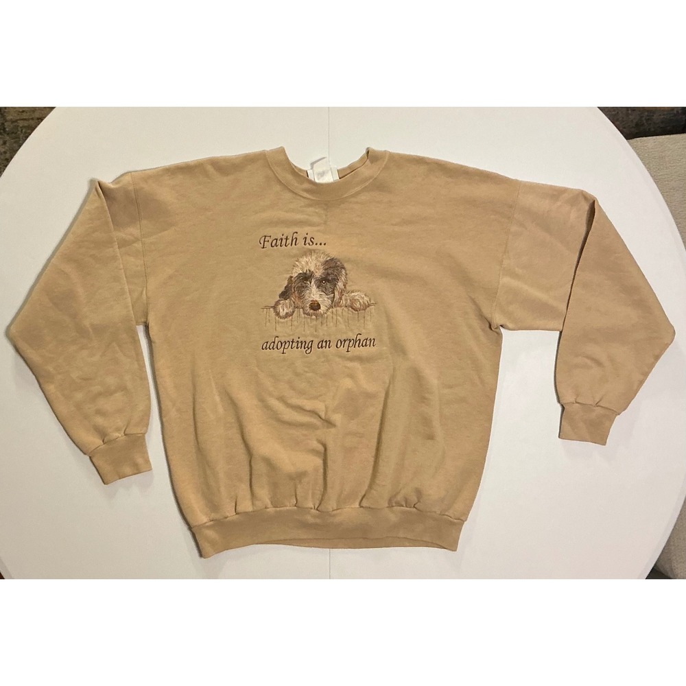 VTG 90s Poodle Dog Lover Adoption Christian Tan‎ Sweatshirt Crewneck Animal L